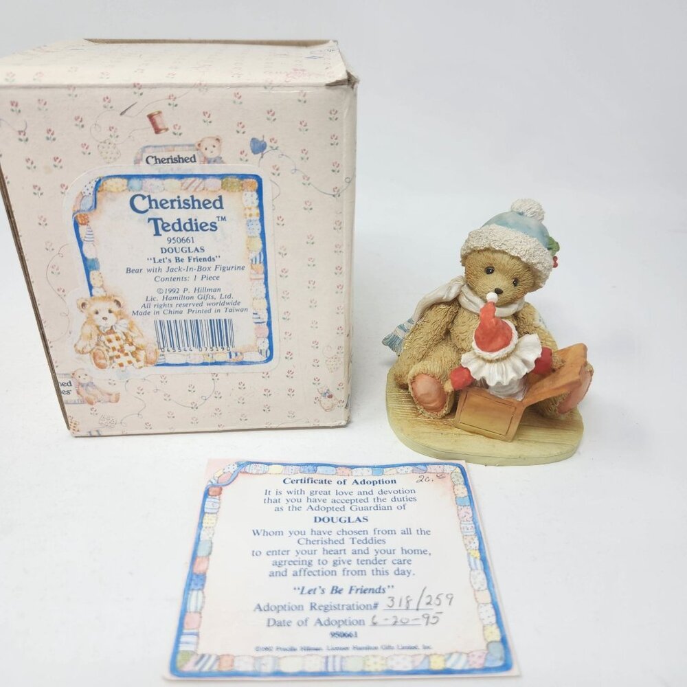 1992 Cherished Teddies "Lets Be Friends" Douglas Figurine 950661 w Jack-In-Box